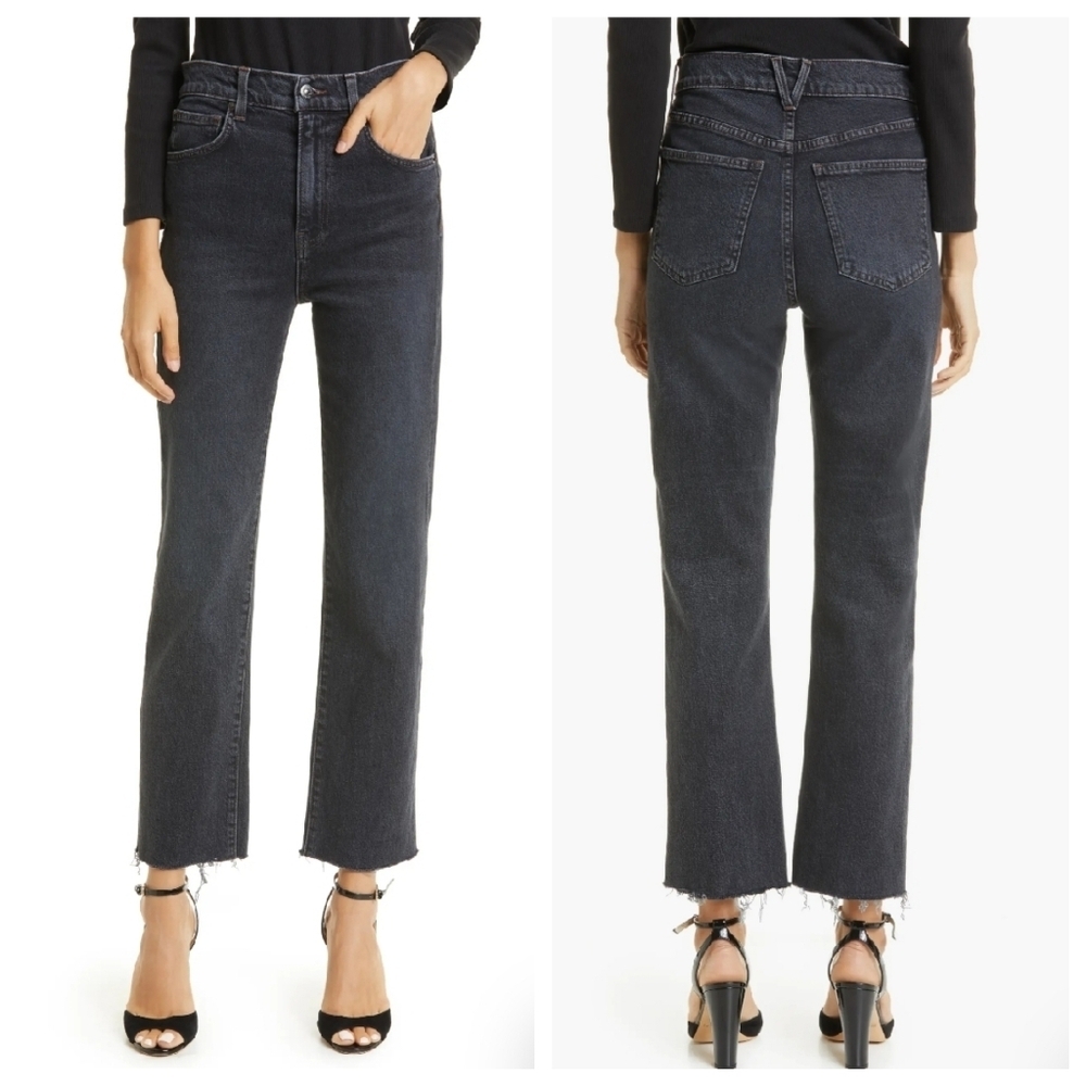 Veronica Beard Joey Straight Leg High Rise Vanishing Point Raw Hem Jeans